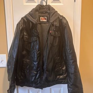 NWT Men’s XL black faux leather coat/jacket with hood